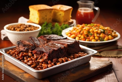 platter of bbq beef ribs, baked beans, and cornbread © primopiano