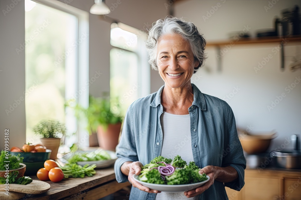 Active graceful Senior Women Smile and eat healthy food in the kitchen, retirement life Active graceful Senior Women Smile and eat healthy food in the kitchen, retirement life