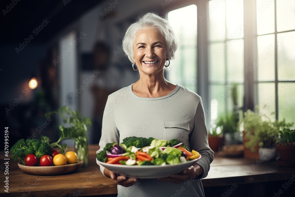 Active graceful Senior Women Smile and eat healthy food in the kitchen, retirement life 