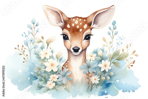 Peaceful Watercolor Painting of a Deer Amongst Blue and White Flowers