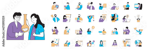 Education concept with people situations mega set in flat web design. Bundle scenes of studying courses, science research, e-learning. Vector illustrations for social media banner, marketing material.