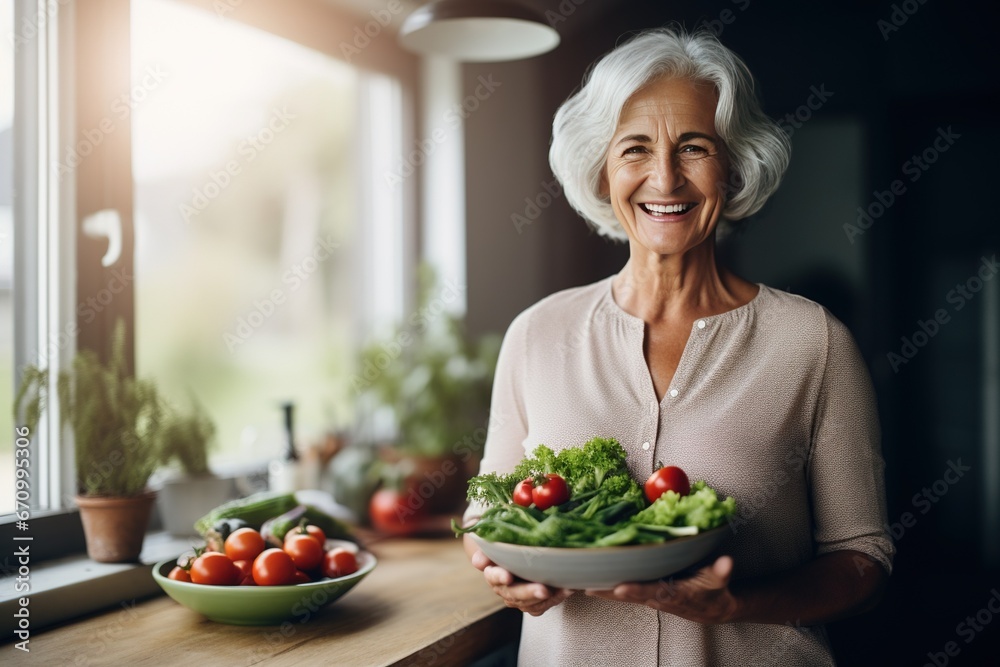 Active graceful Senior Women Smile and eat healthy food in the kitchen, retirement life 