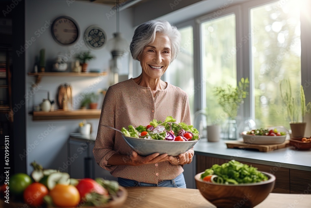 Active graceful Senior Women Smile and eat healthy food in the kitchen, retirement life Active graceful Senior Women Smile and eat healthy food in the kitchen, retirement life