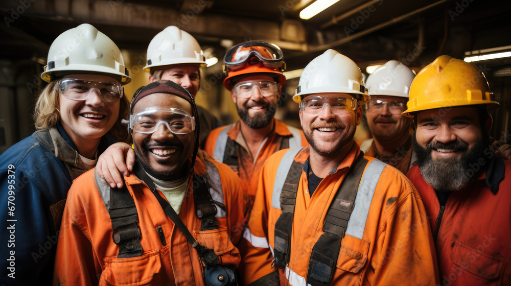 Group of offshore oil rig worker smiling and wearing personal protective equipment - obrazy, fototapety, plakaty 