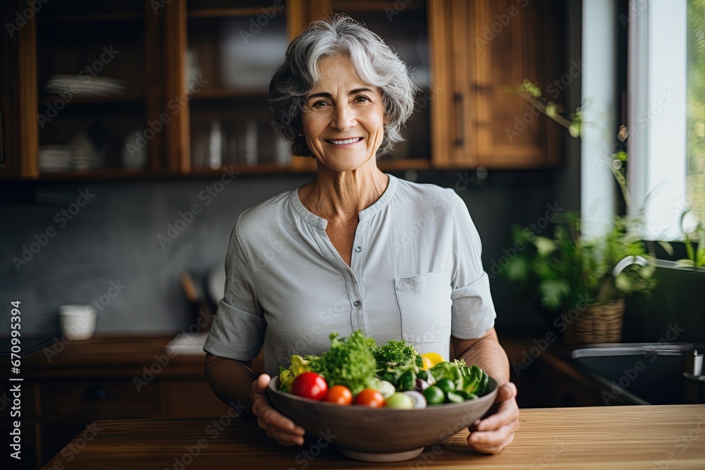 Active graceful Senior Women Smile and eat healthy food in the kitchen, retirement life 