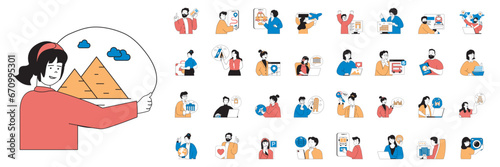 Travel concept with people situations mega set in flat web design. Bundle scenes of summer journey and vacation trip with sightseeing. Vector illustrations for social media banner, marketing material.