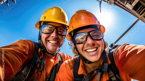 Group of offshore oil rig worker smiling and wearing personal protective equipment