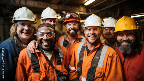 Group of offshore oil rig worker smiling and wearing personal protective equipment photo