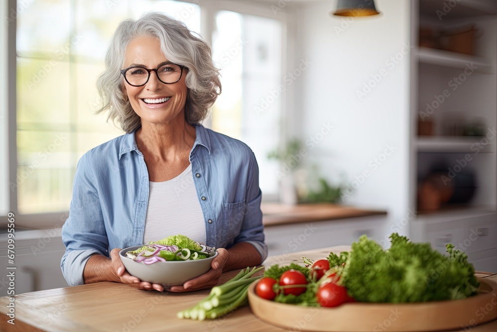 Active graceful Senior Women Smile and eat healthy food in the kitchen, retirement life 