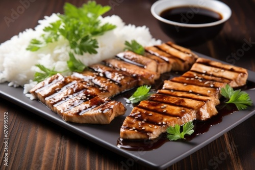 grilled tofu steaks brushed with shiny teriyaki sauce