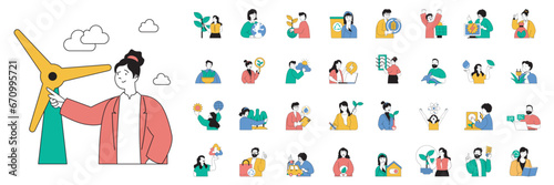 Ecology concept with people situations mega set in flat web design. Bundle scenes of alternative energy sources and nature protection. Vector illustrations for social media banner, marketing material.