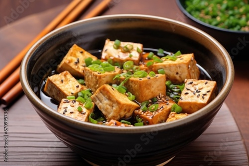 tofu steaks in a bowl soaking in teriyaki marinade