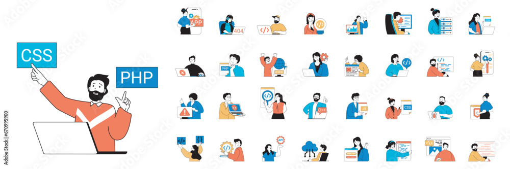Programming concept with people situations mega set in flat web design. Bundle scenes of developers coding, creating apps or software. Vector illustrations for social media banner, marketing material. - obrazy, fototapety, plakaty 