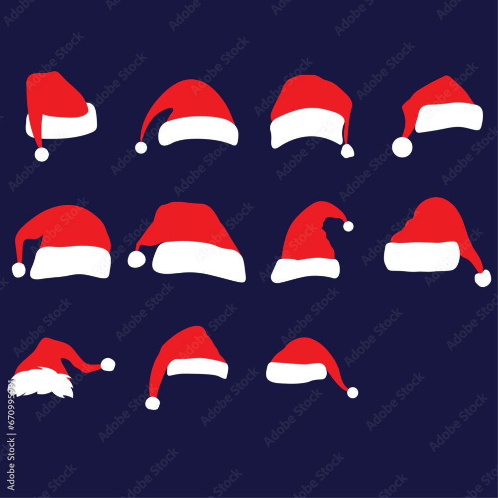 set of Santa Claus hats, Realistic Santa Claus hat, Santa Claus hat flat set, Santa's hat Christmas collection vector illustration set of Santa Claus hats, Realistic Santa Claus hat, Santa Claus hat flat set, Santa's hat Christmas collection vector illustration