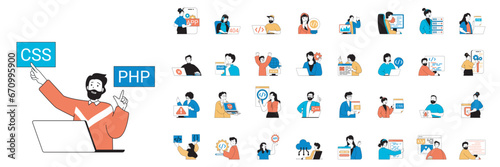 Programming concept with people situations mega set in flat web design. Bundle scenes of developers coding, creating apps or software. Vector illustrations for social media banner, marketing material.