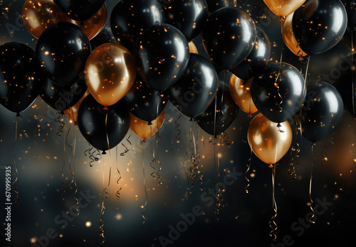 Black and gold air balloons flying with gold confetti around on dark background with free text copy space. Greeting card