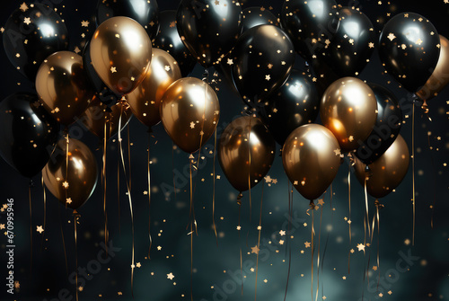 Black and gold air balloons floating with gold confetti around on dark background with free text copy space. Greeting card