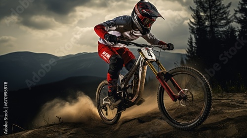 downhill bike race, racing riding bicker on mountain, Generative AI