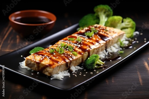 dark background with centered tofu steak glistening with teriyaki sauce