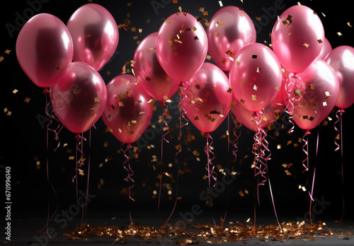 Barbie pink air balloons with gold confetti around on dark background with free text copy space. Greeting card