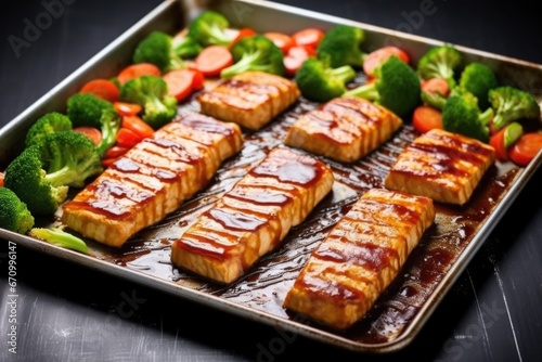 tofu steaks on a baking pan  glazed with teriyaki sauce