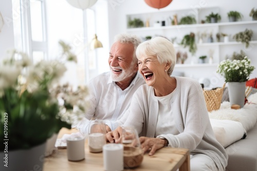 Senior Couple Enjoying and smile happy Memories and Staying Healthy, in the living room