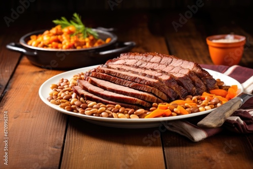 thinly sliced beef brisket on a ceramic plate with baked beans