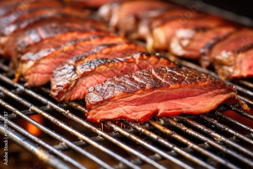 close-up of delicious beef brisket slices on a wire grilling rack