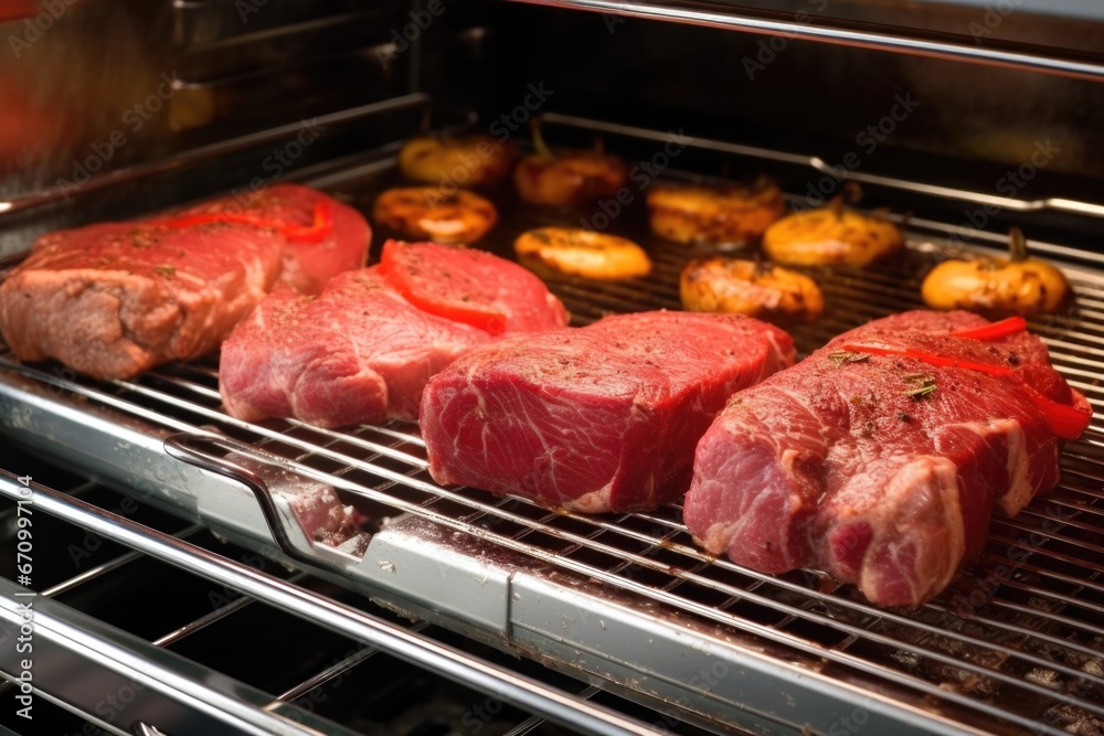 bbq grill with steaks showing inserted thermometers bbq grill with steaks showing inserted thermometers