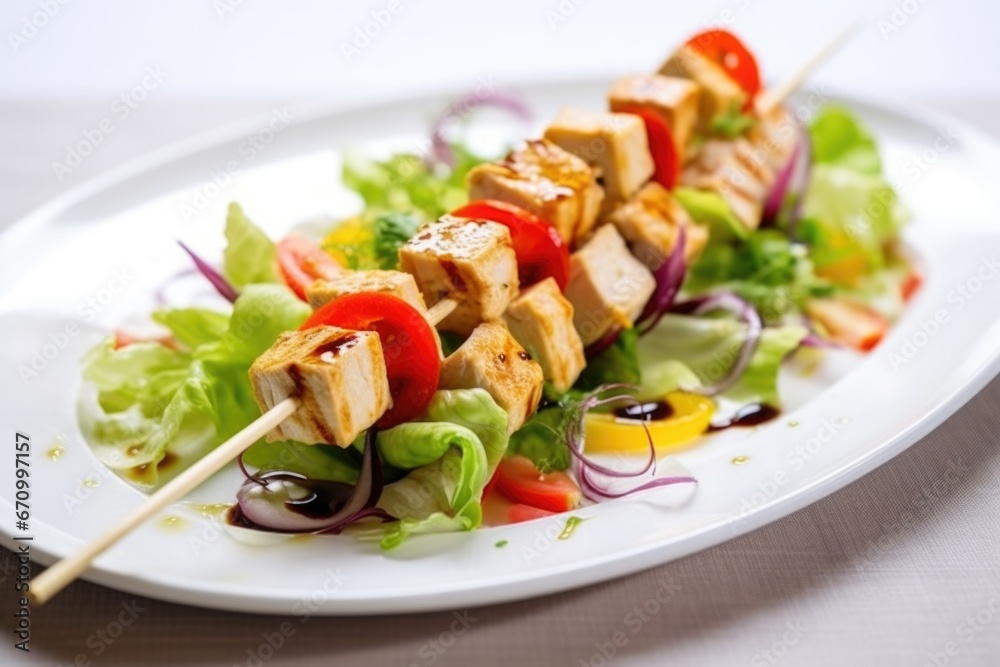 tofu skewers in a bed of fresh salad on a white plate