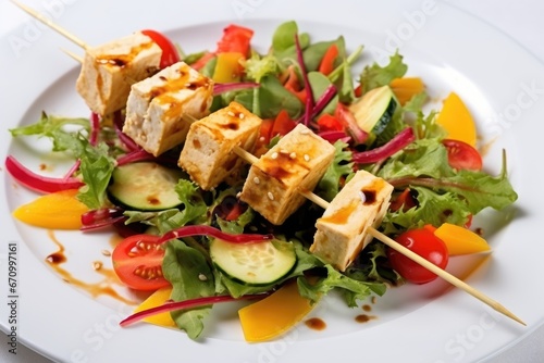 tofu skewers in a bed of fresh salad on a white plate