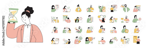Time management concept with people situations mega set in flat web design. Bundle scenes of planning tasks and making goal schedule. Vector illustrations for social media banner, marketing material.
