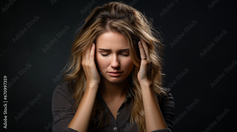 A woman holds her head because of a severe headache