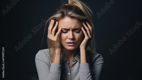 A woman holds her head because of a severe headache