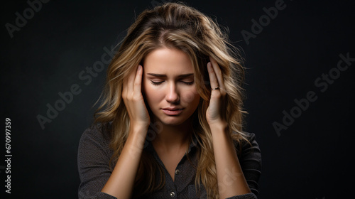 A woman holds her head because of a severe headache