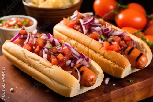 barbecued hot dogs with diced onions and relish on side