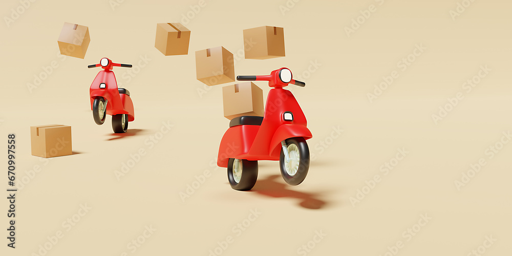 Sealed cardboard box for delivery of orders, goods, items around the world on scooter- 3d render. Delivery concept, parcel, mail, online order. Transportation and logistic