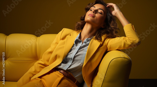 A business lady rests on the couch with her eyes closed