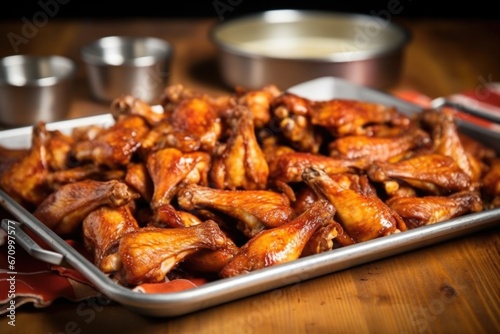 pile of bbq chicken wings in a paper-lined pewter tray