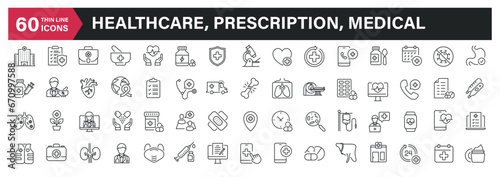 Healthcare, prescription, medical thin line icons. Editable stroke. For website marketing design, logo, app, template, ui, etc. Vector illustration.