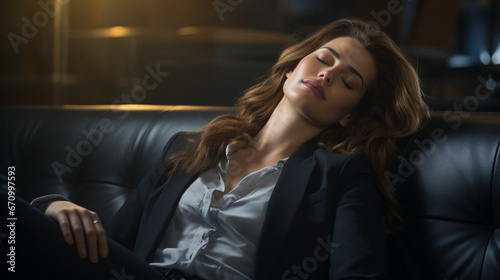 A business lady rests on the couch with her eyes closed