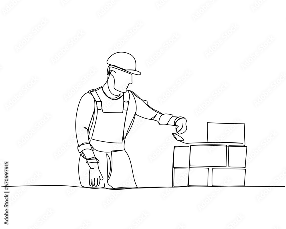 Bricklayer, building, building walls, worker in uniform lays bricks one line art. Continuous line drawing of repair, professional, hand, people, concept, support, maintenance.