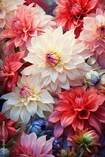 Vibrant and Colorful Dahlias in Various Shades of Red  Pink  and White