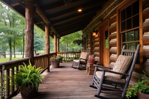 weathered log cabin porch with rocking chairs