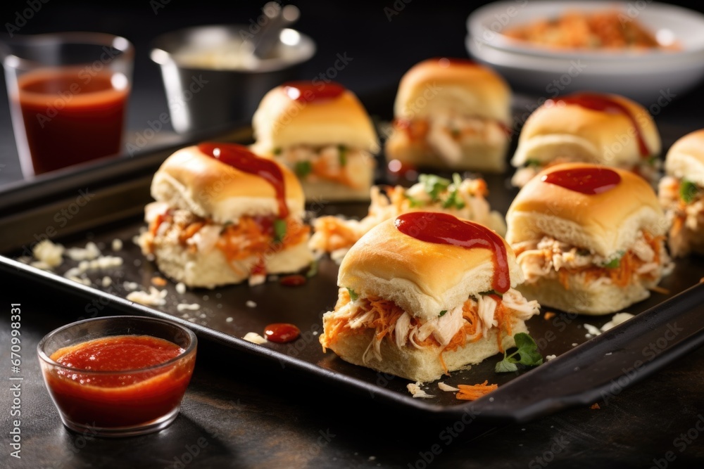 bbq sliders on a stone tray with red sauce drizzle