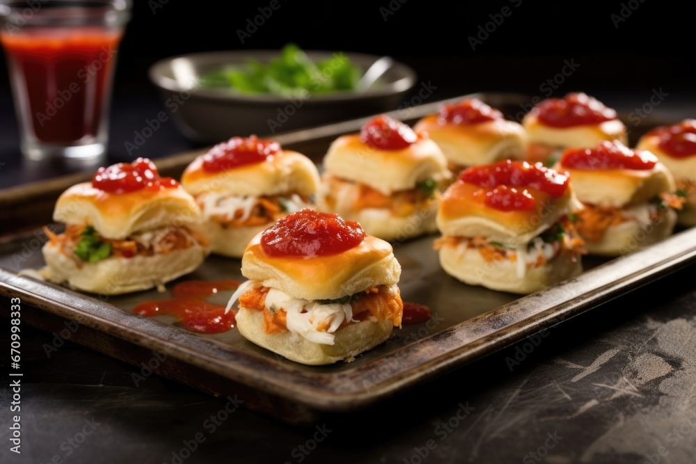 bbq sliders on a stone tray with red sauce drizzle