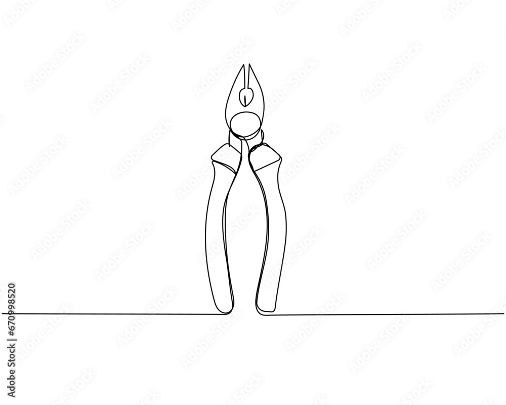 Construction wire cutters, pliers, vise grip, swagers one line art. Continuous line drawing of repair, professional, hand, people, concept, support, maintenance.