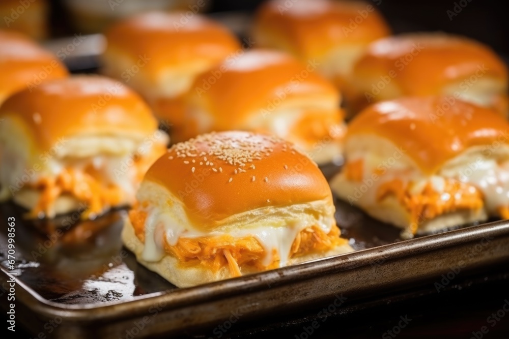 close-up shot of sizzling cheese on fresh tray of bbq sliders