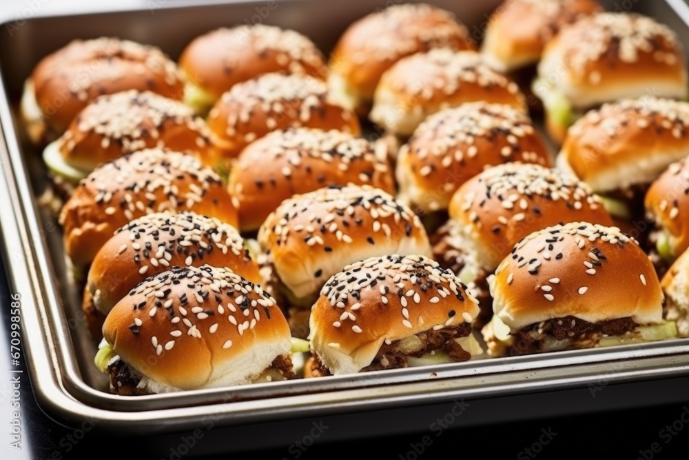 a tray of mixed bbq sliders with sesame seeds topping