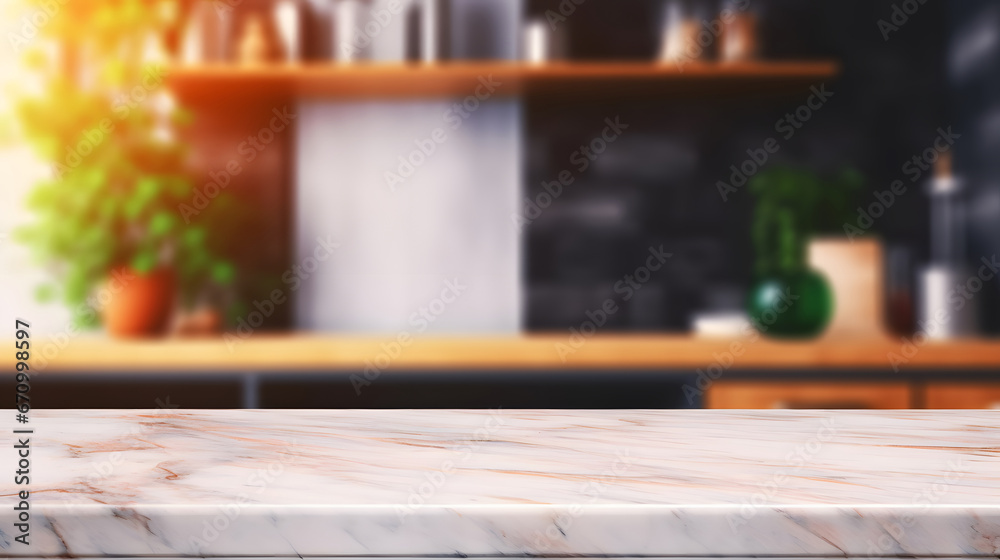 Empty beautiful wood table top counter and blur bokeh modern kitchen interior background in clean and bright,Banner, Ready for product montage Empty beautiful wood table top counter and blur bokeh modern kitchen interior background in clean and bright,Banner, Ready for product montage